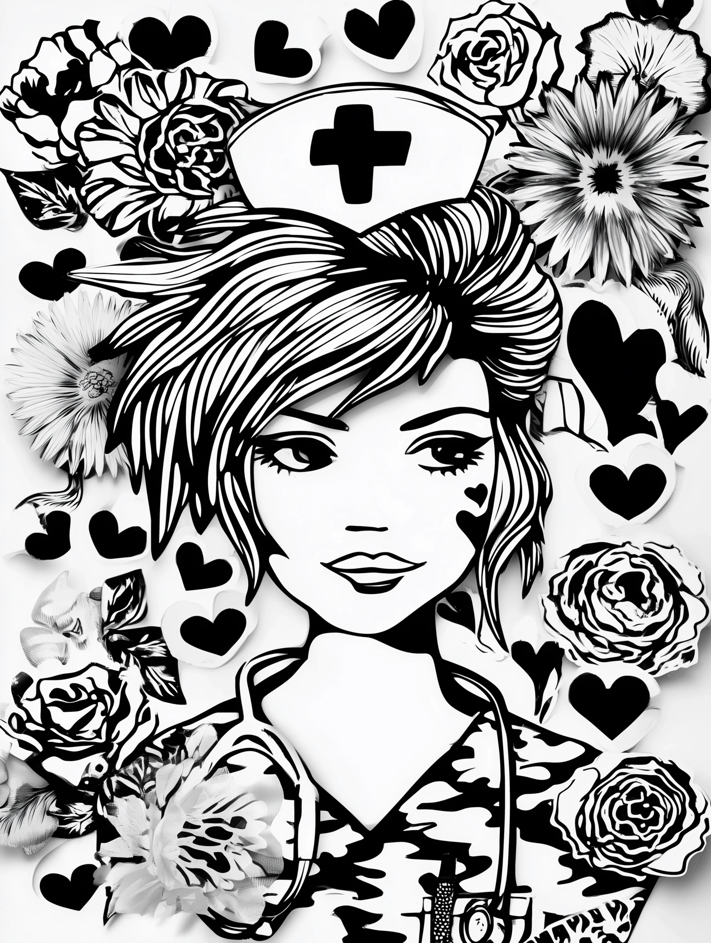 Free printable nursing coloring page for adults featuring a nurse with heart elements